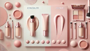 DALL·E 2024 10 14 21.44.02 A horizontal blog image featuring a comparison between concealer and primer set against a soft pink template. The left side shows a tube of concealer